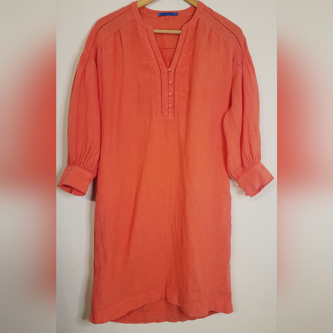 J.Mclaughlin Linen Mini Dress Nylee Loose Fit Comfortable Beachy Coral Tropical